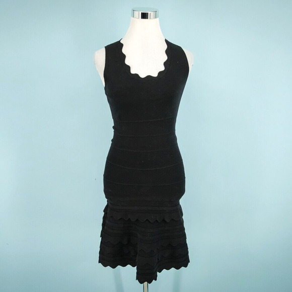 Comptoir Des Cotonniers Size XXS Black Scallop Layered Fitted Bodycon Mini Dress - Picture 1 of 5